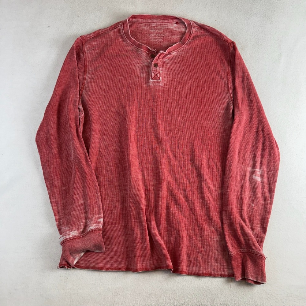 Lucky Brand Mens Red Burnout Waffle Knit Long Sleeve Henley Shirt Large